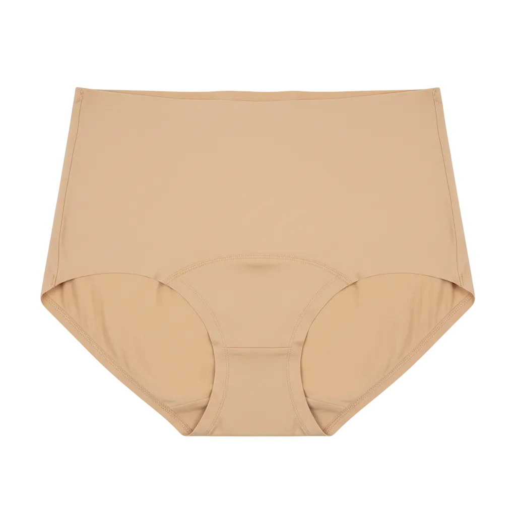 Front view of seamless high waist stretch briefs in soft warm beige on white background