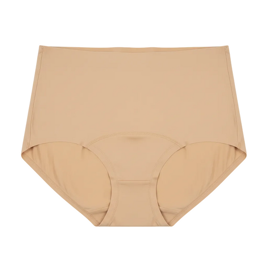 Front view of seamless high waist stretch briefs in soft warm beige on white background