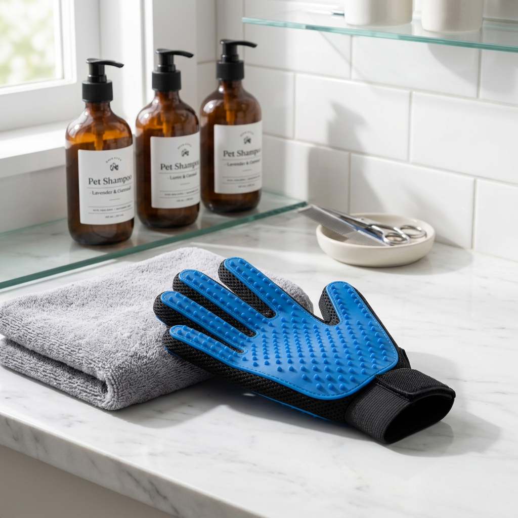 Pet grooming glove resting on grey towel on bathroom countertop near grooming shampoo bottles