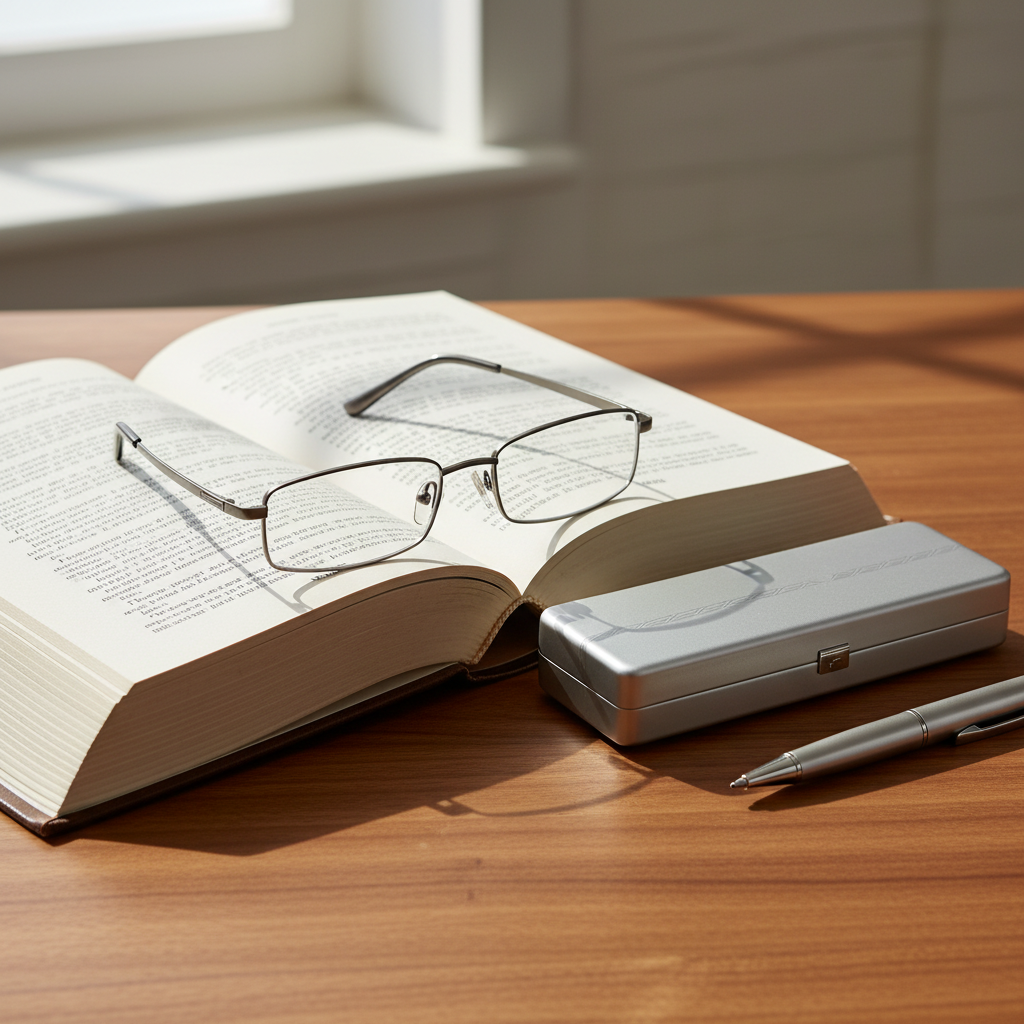 Memory metal reading glasses on open book beside metal case on walnut desk