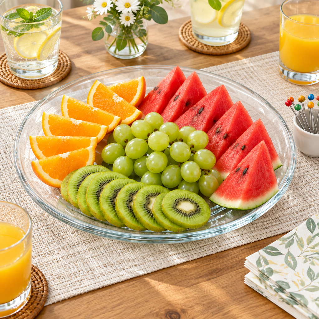 Clear glass serving platter with sliced fresh fruit on a dining table in a casual hospitality environment