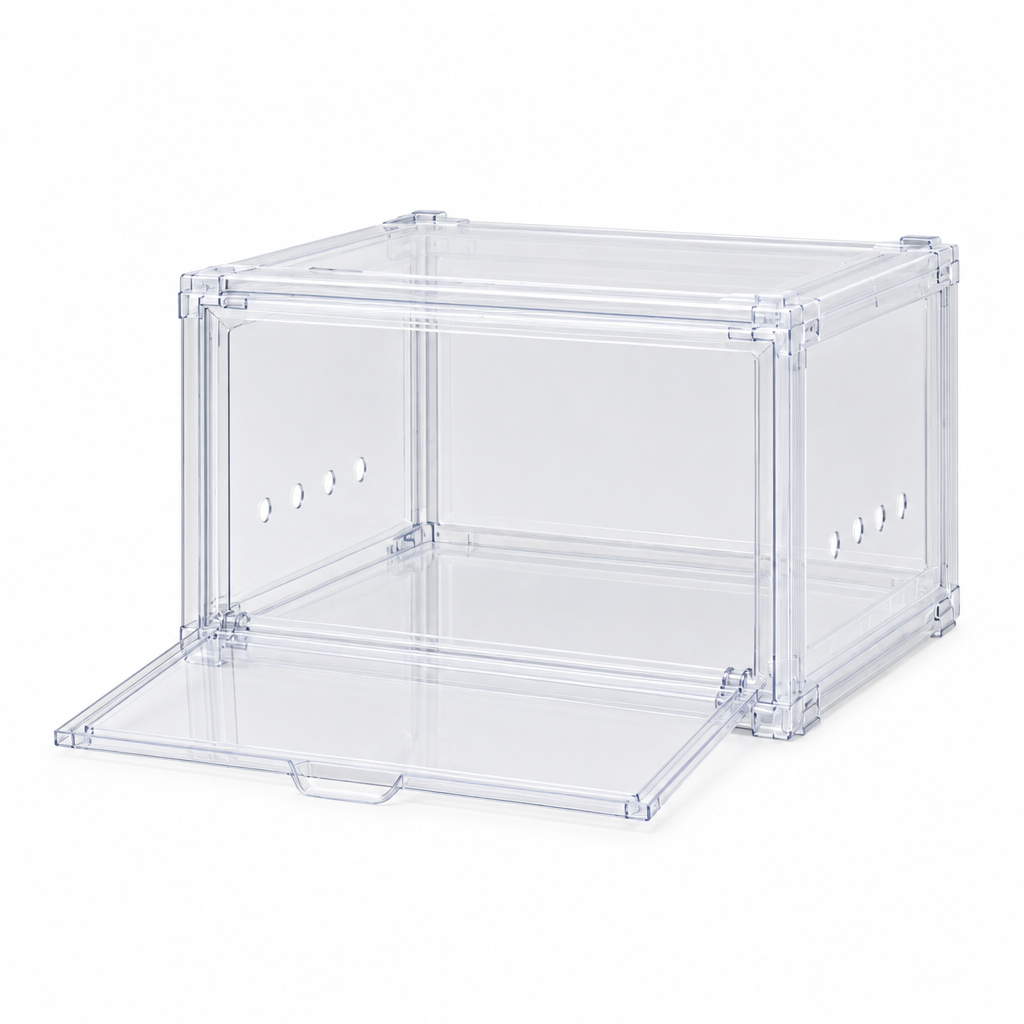Single clear shoe box with front flip door open showing hinge, vents and stacking edges