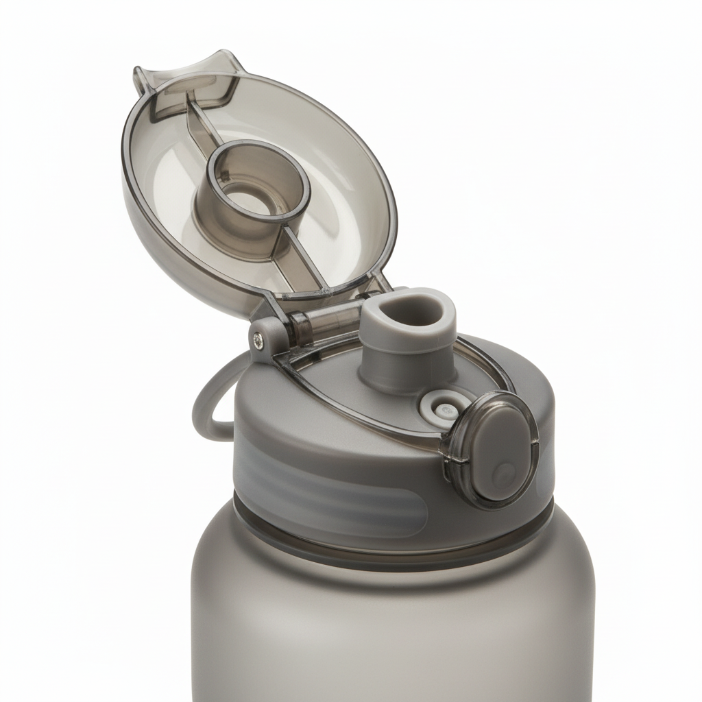 Close-up of flip-top sports drinking cap and locking latch on pure white background
