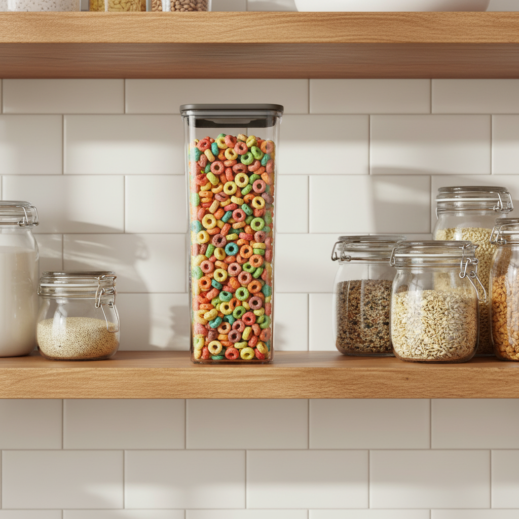 Stackable dry food container filled with colorful cereal on kitchen pantry shelf