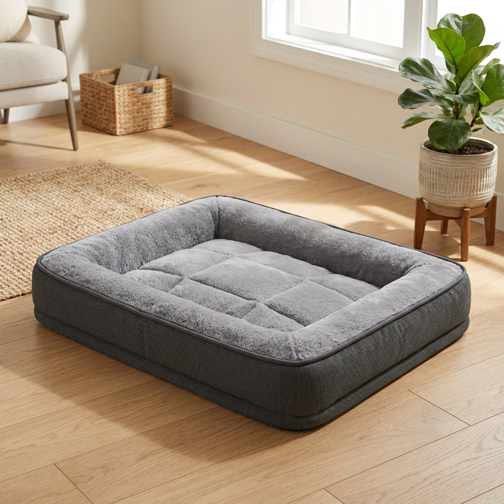 Rectangular padded dog bed resting flat on light hardwood floor in sunlit modern living room