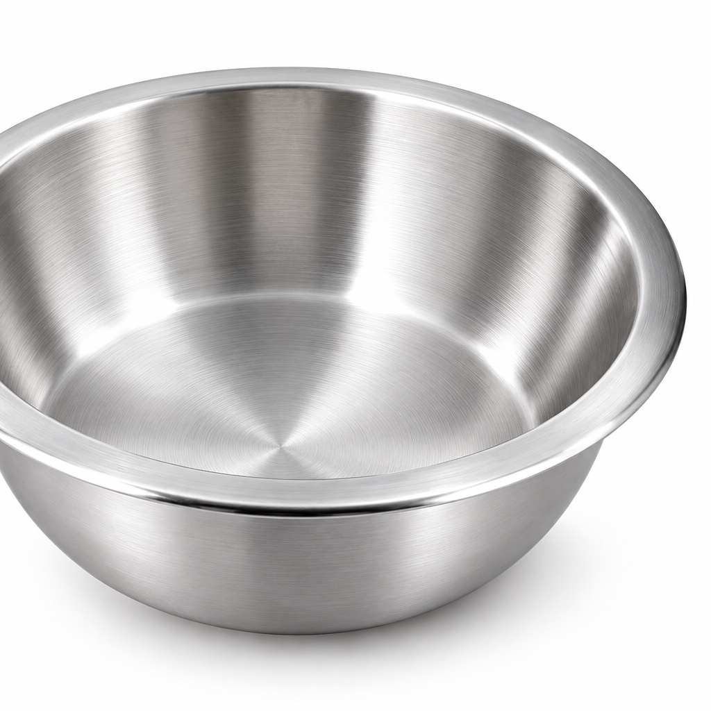 Macro close-up detail of the deep stainless steel soup plate showing curved wall depth and rolled rim on white background