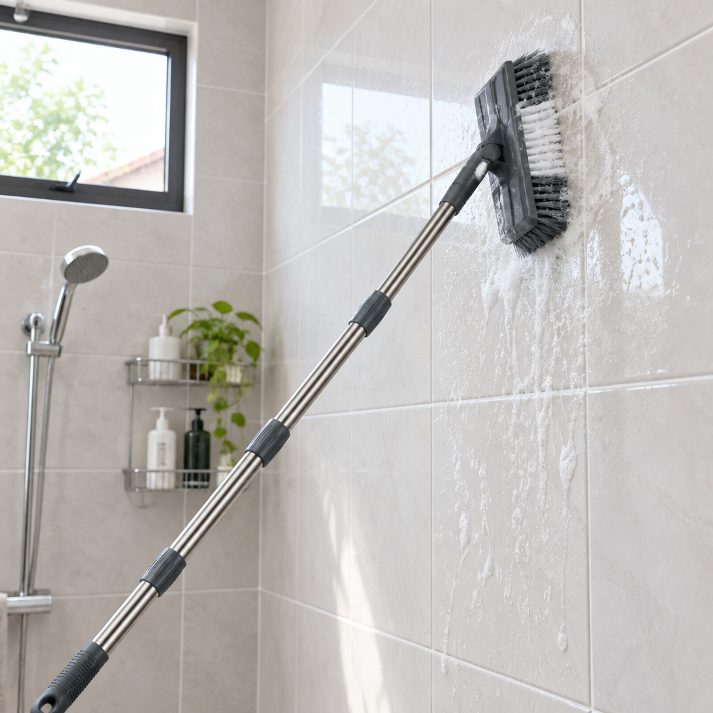 Long handle scrub brush cleaning bathroom wall tiles in Thailand