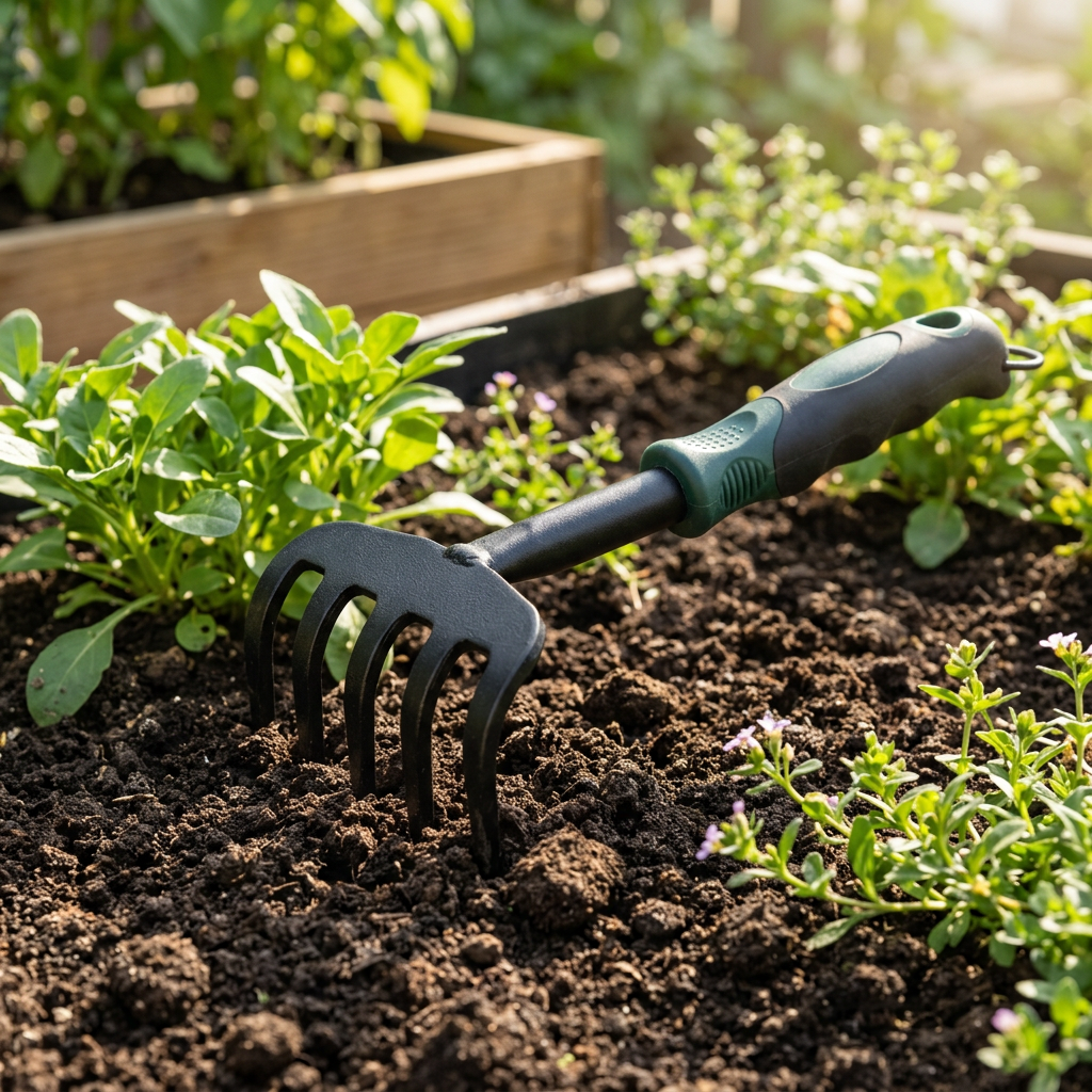 Handheld 5-tine garden cultivator rake lightly scratching and loosening dark crumbly soil around green garden plants in raised bed