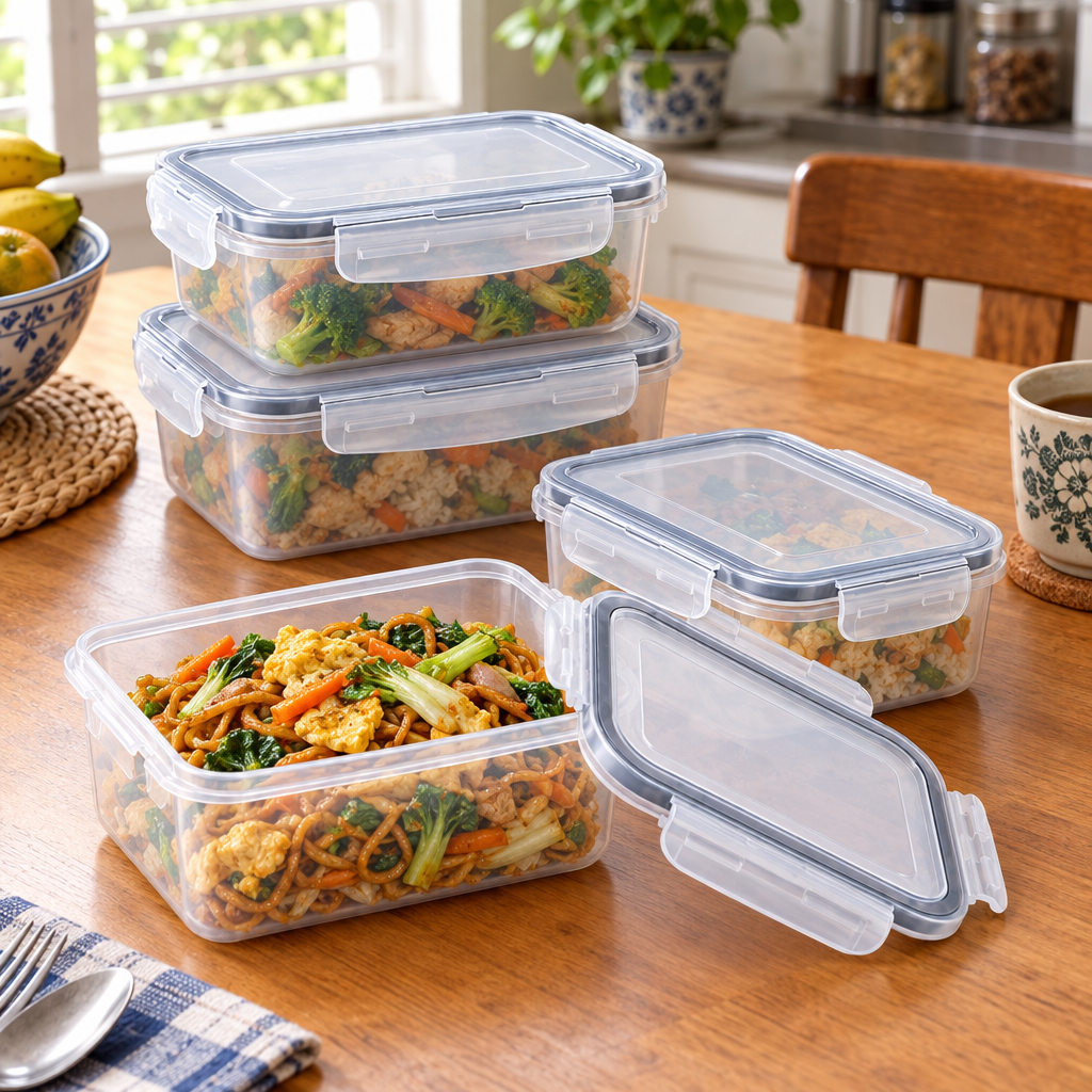 Several reusable food containers packed with home-cooked lunch on a dining table in a Malaysian household