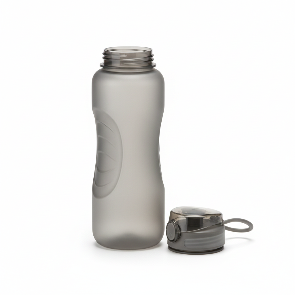 Open frosted plastic sports bottle with cap resting beside it on pure white background