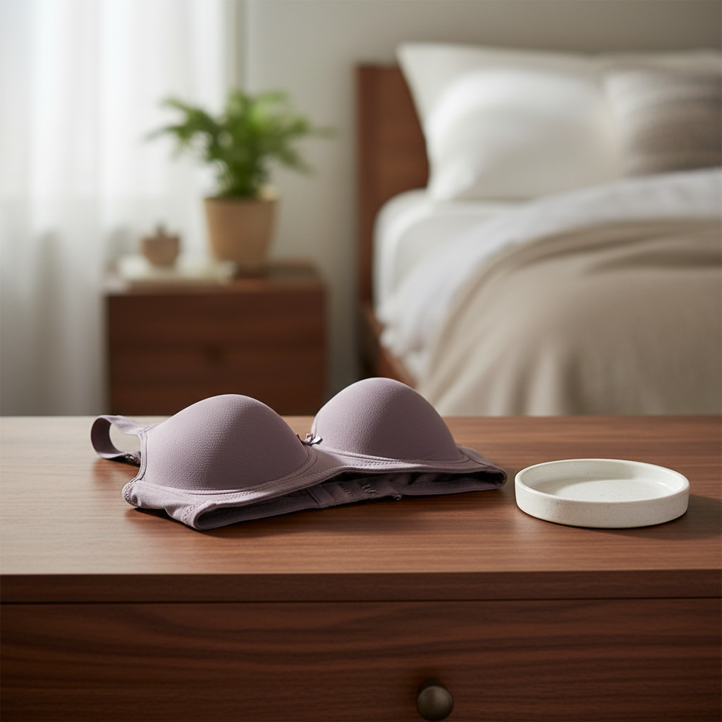 Lifestyle view of full-coverage bra folded on a dark wood bedroom dresser