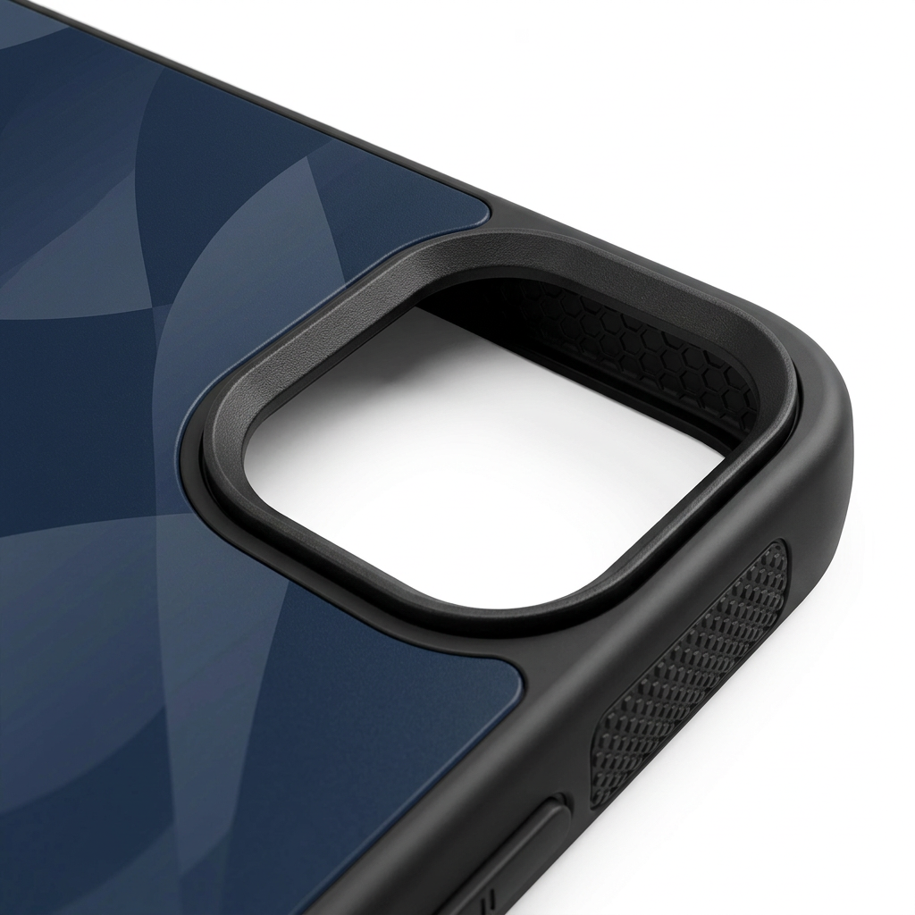 Detail close-up of custom printed phone case showing camera bezel and inner honeycomb texture on white background