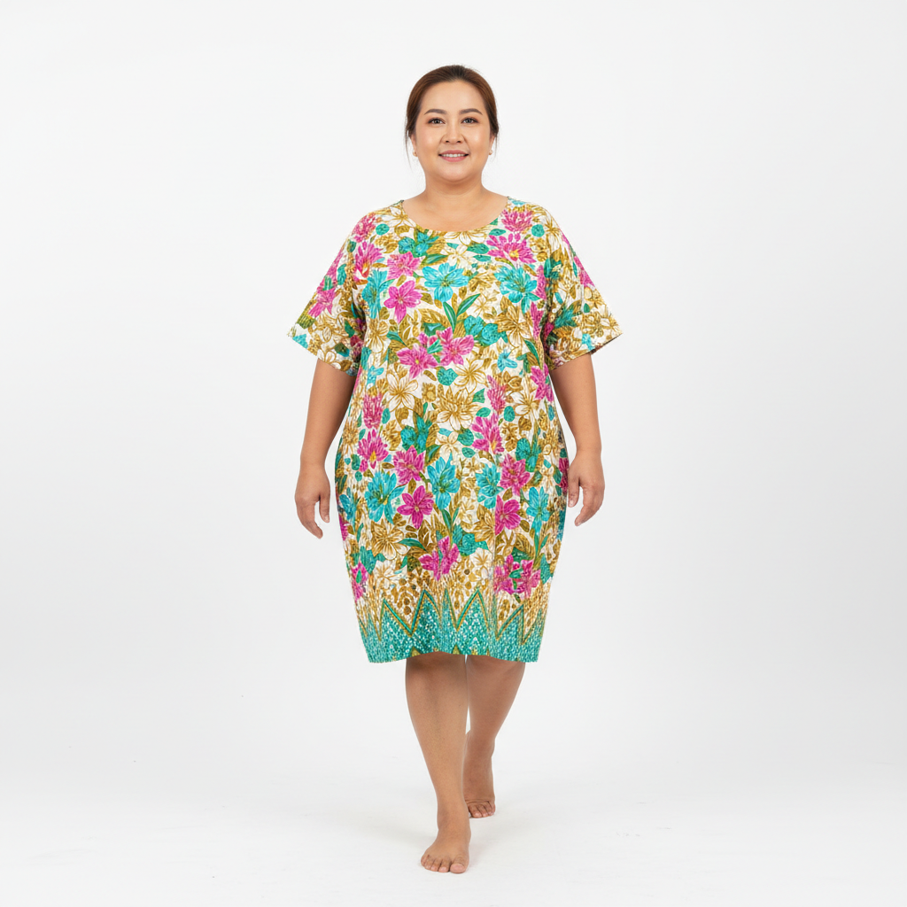 Thai middle-aged plus size woman walking pose floral cotton dress
