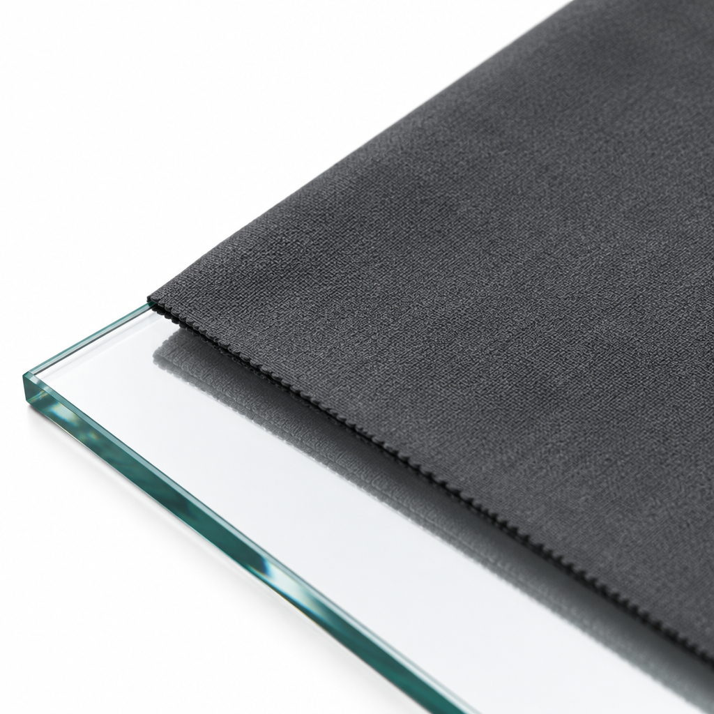 Close-up of smooth flat-weave microfiber cloth contacting a clear glass surface