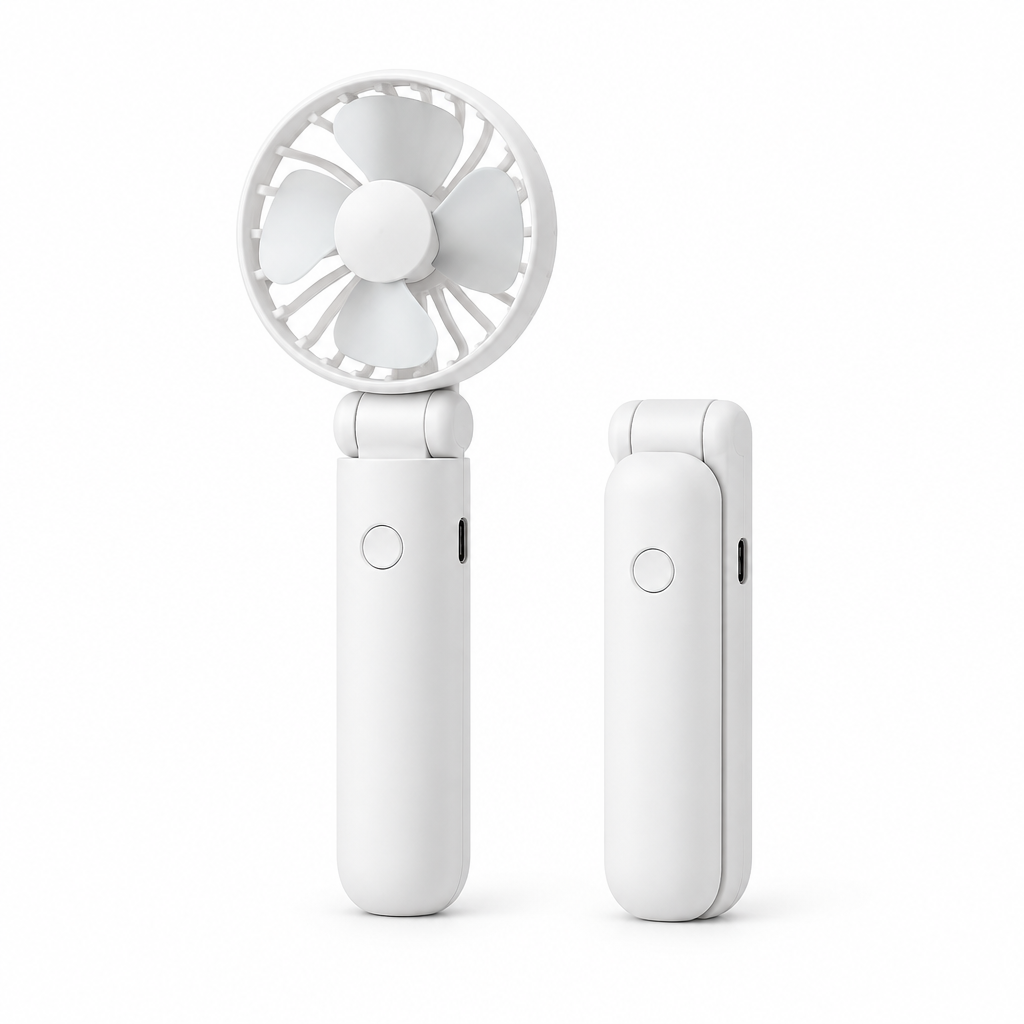 White portable folding fan shown unfolded upright beside an identical folded pocket unit on white background