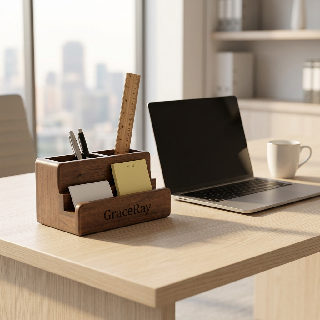 Custom executive wooden desk organizer on an ashwood office desk beside a laptop