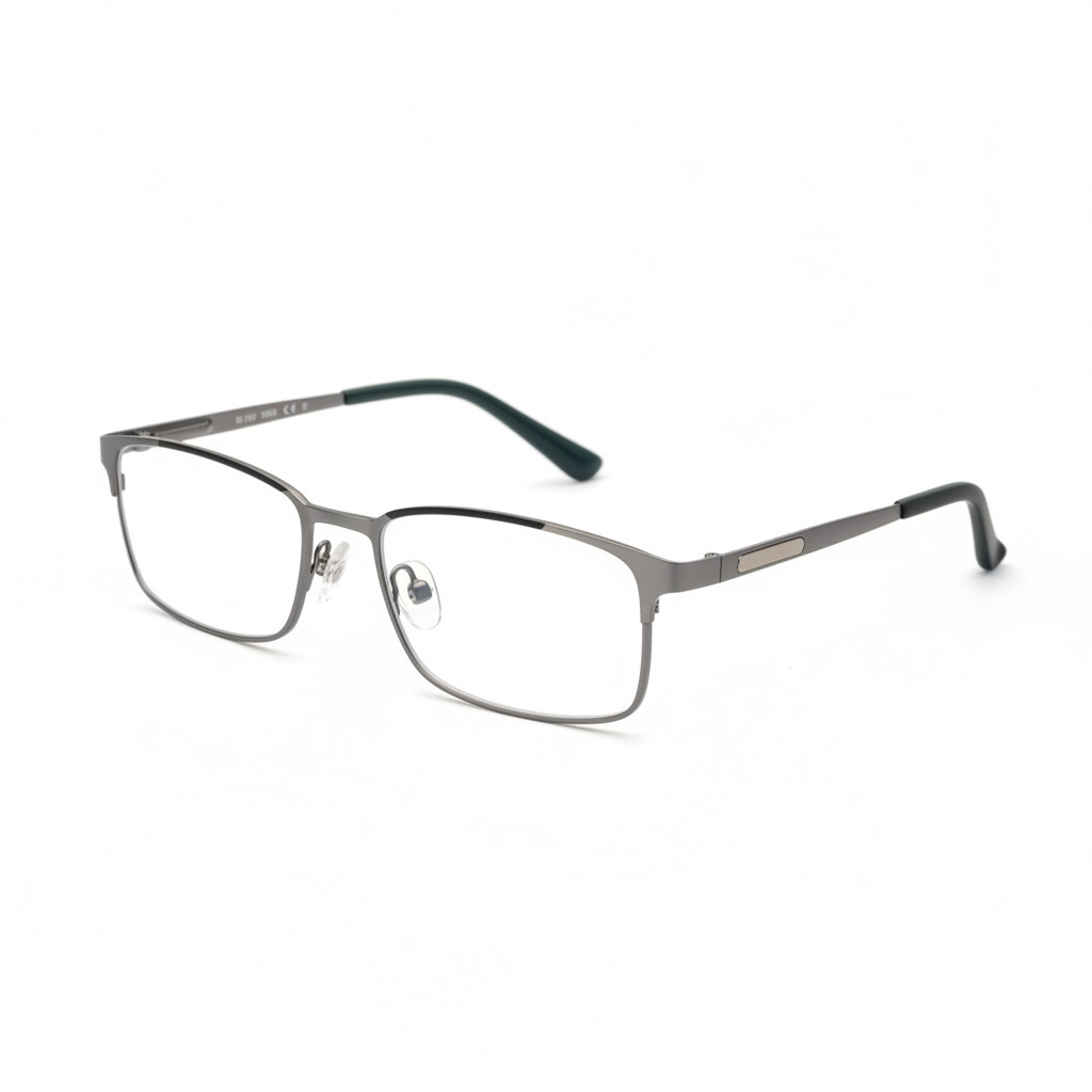 Three-quarter side angle profile view of progressive multifocal reading glasses on white background
