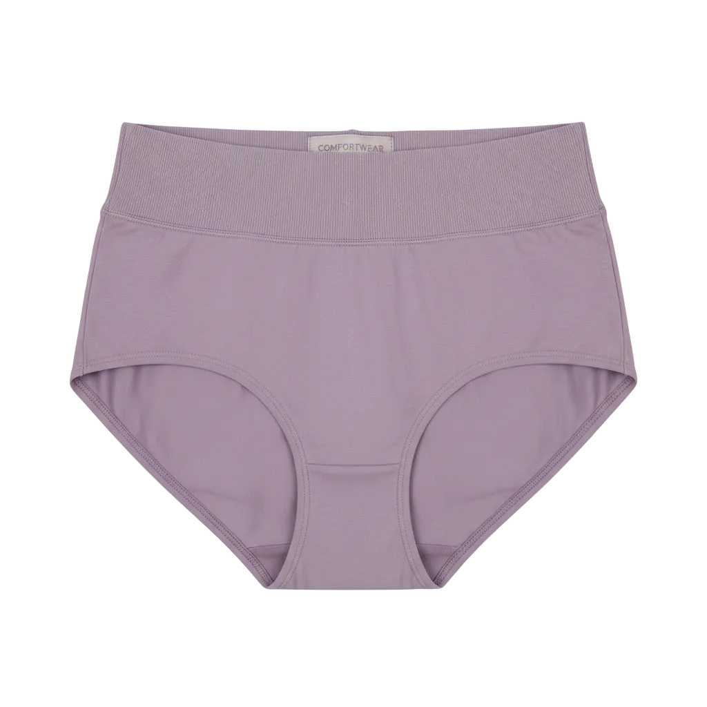 Front view of high waist cotton briefs with soft wide waistband in muted lavender on white background