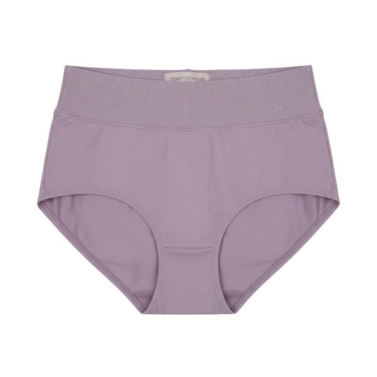 Front view of high waist cotton briefs with soft wide waistband in muted lavender on white background