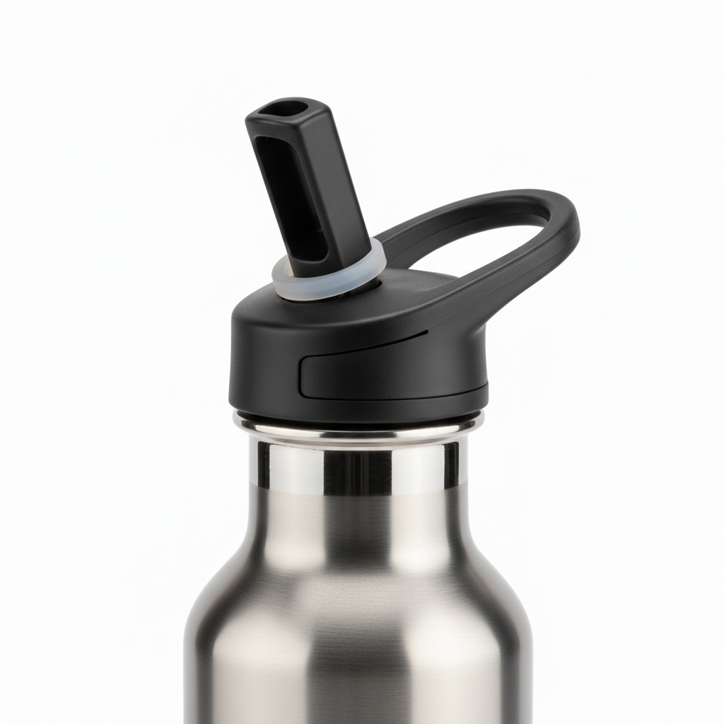 Close-up of black sports cap with open drinking spout and carry loop on pure white background