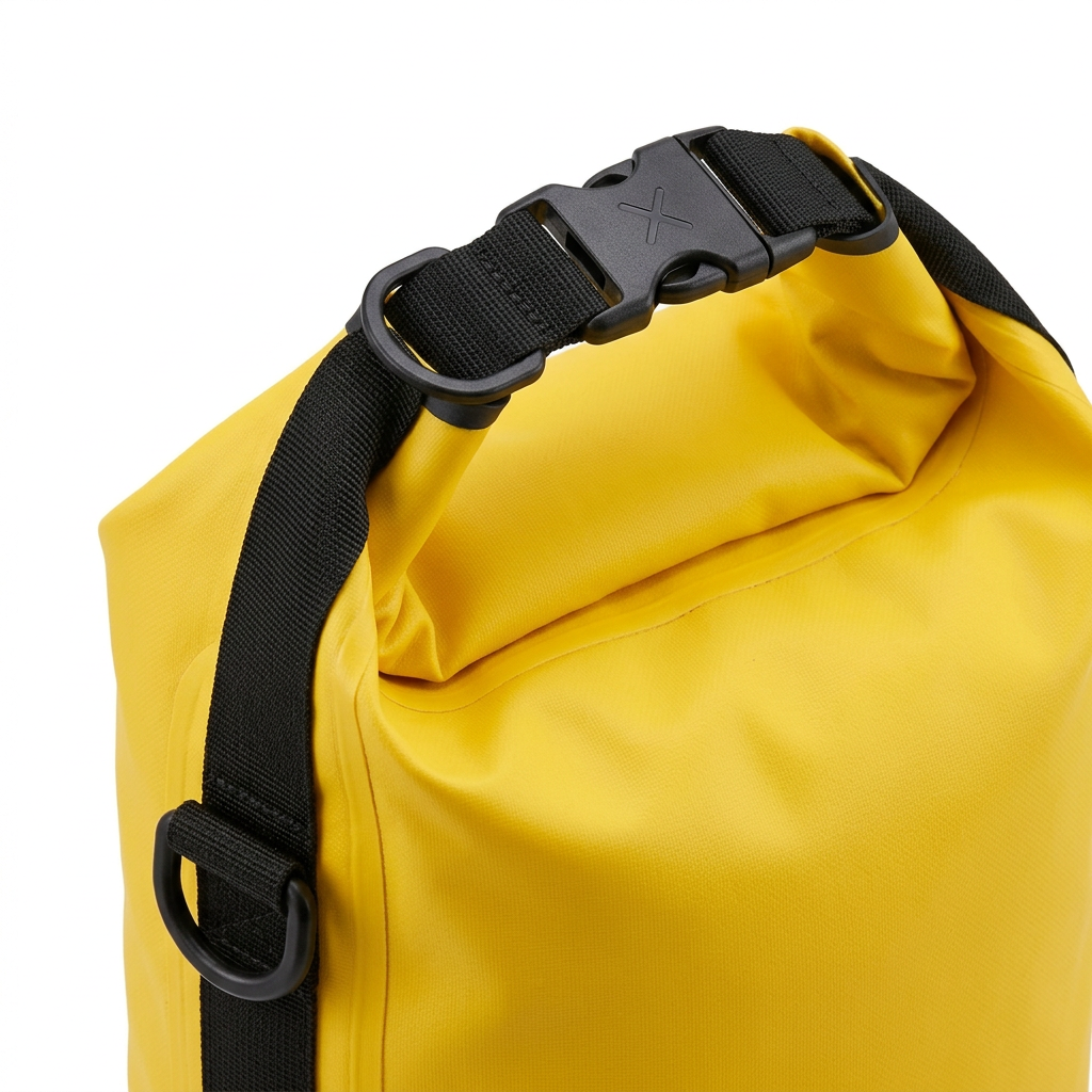 Detail close-up of dry bag showing roll-top closure, POM quick-release buckle, welded seams, and D-ring on white background