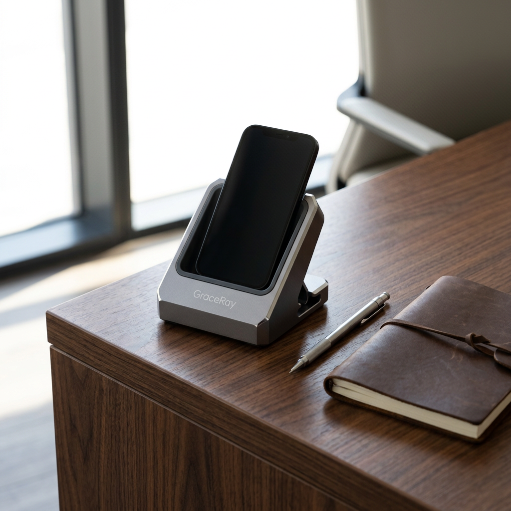 Custom space gray solid aluminum phone dock on an executive walnut desk