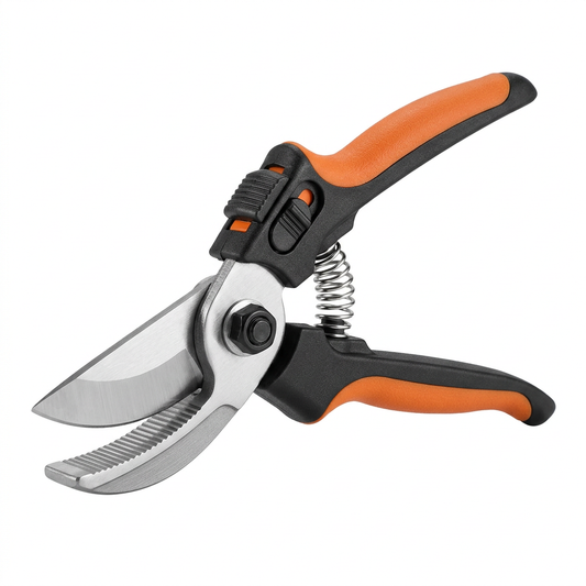 Standard anvil pruning shears showing straight cutting blade, grooved flat anvil base, pivot bolt, spring, and ergonomic grip on pure white background