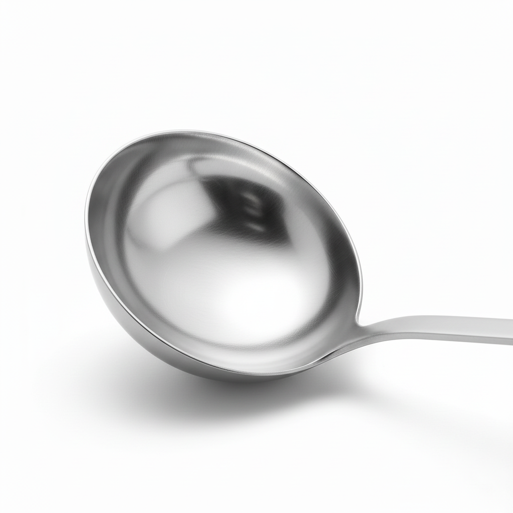 Macro detail of deep round hemispherical ladle bowl, rolled rim, and sturdy neck transition