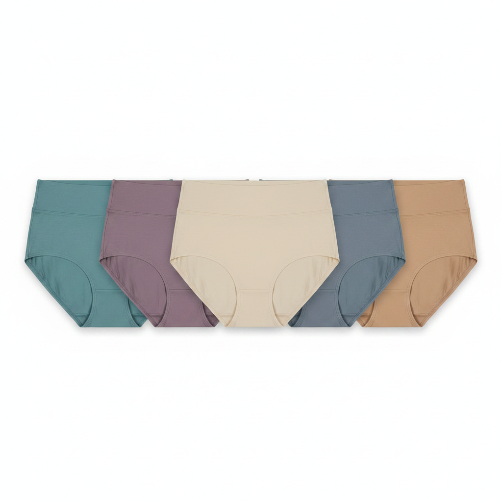 Multi-color flat lay of high waist cotton briefs in five different colors side-by-side
