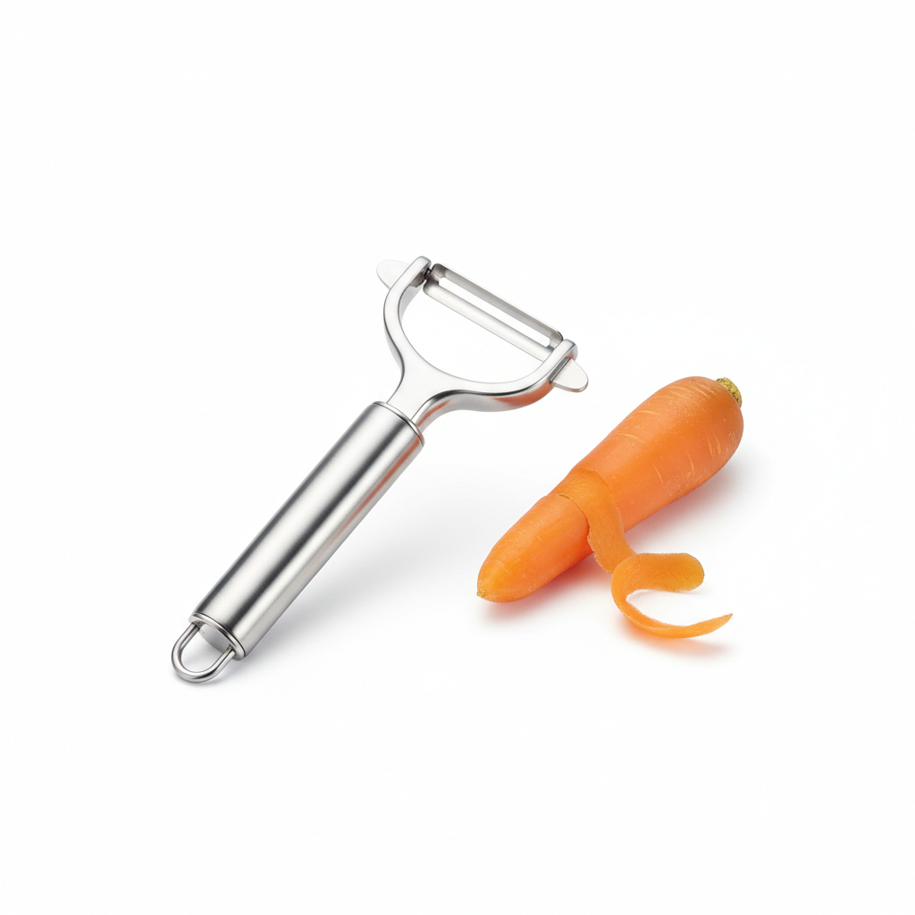 Stainless steel Y-shaped vegetable peeler with partially peeled carrot on pure white background