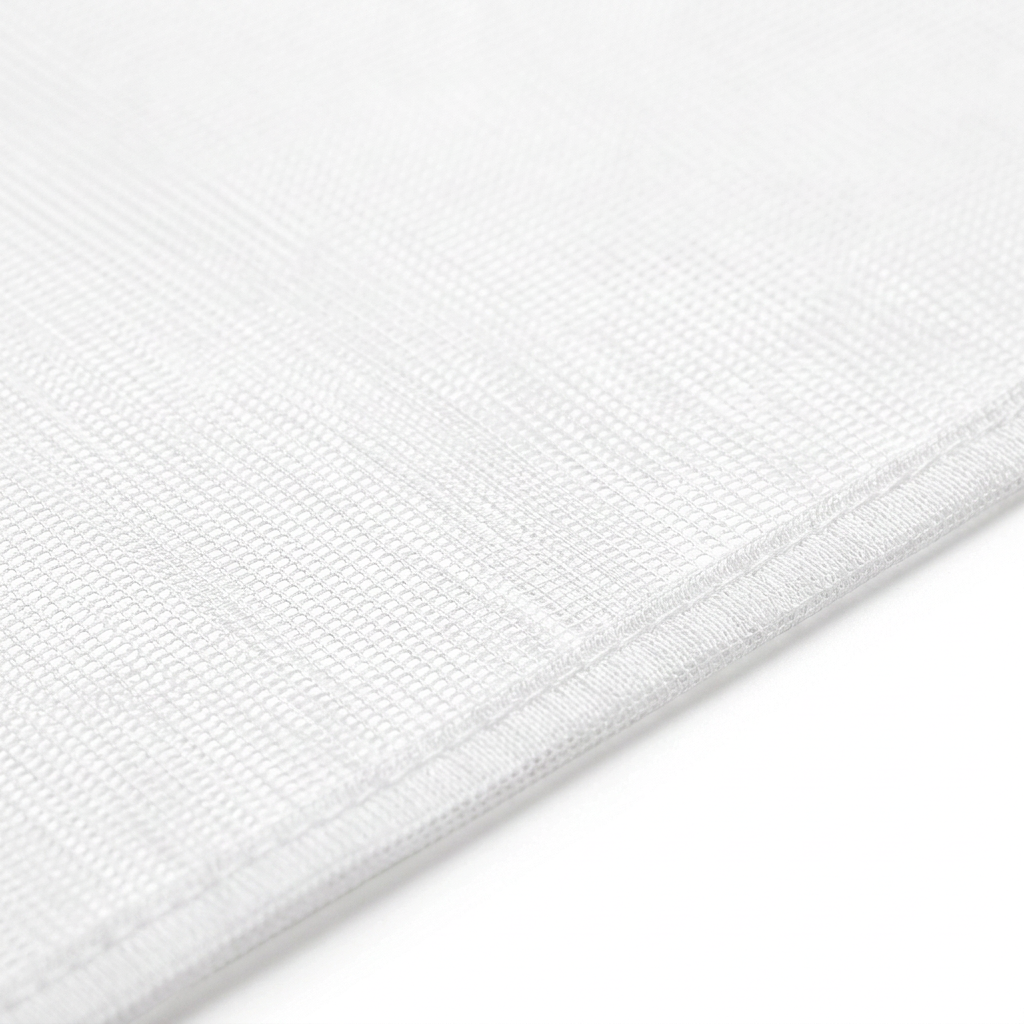 Macro close-up detail of white garden insect netting showing fine mesh openings and stitched edge hem on pure white background