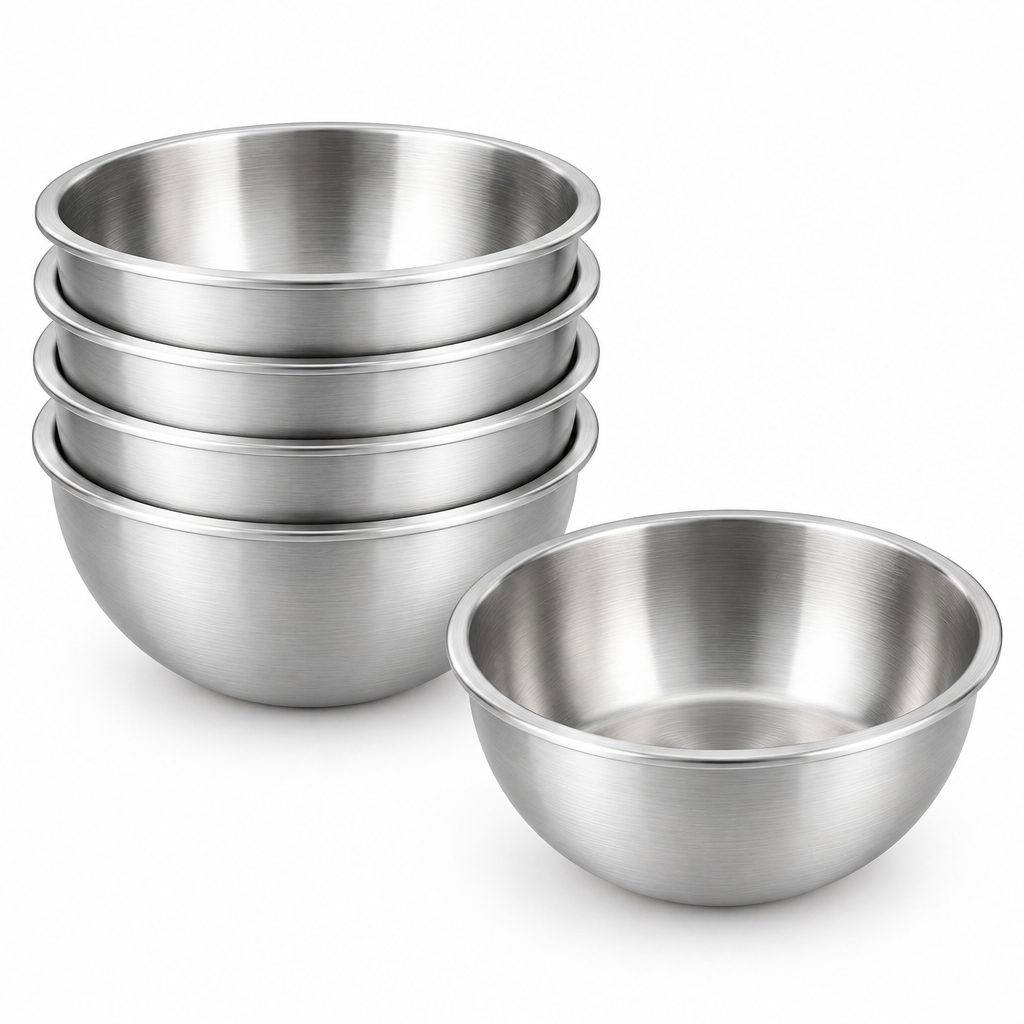 Stack of four stainless steel soup bowls nested together with one bowl in front showing stackable storage on a pure white background