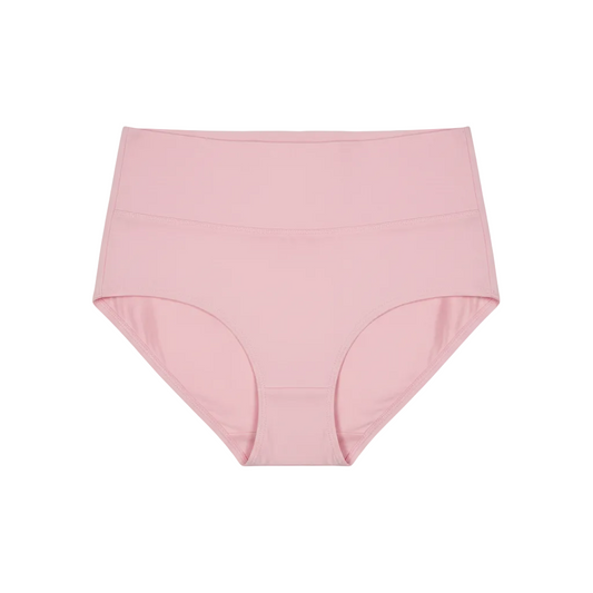 Front view of high waist full coverage cotton briefs in pastel pink on white background