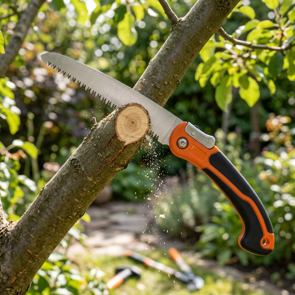 Folding pruning saw blade cutting smoothly into a tree branch with wood shavings in outdoor garden sunlight