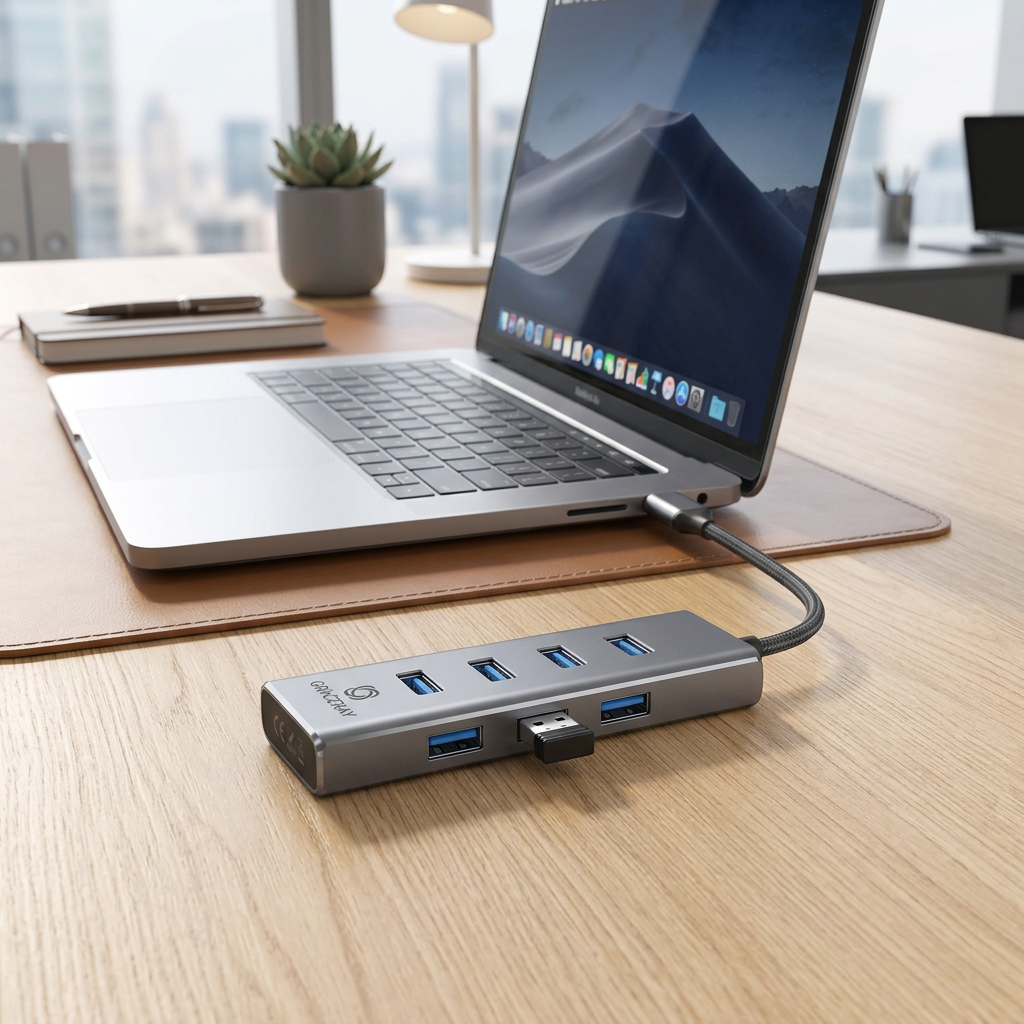 Custom aluminum 4-port USB hub connected to a laptop on an office desk