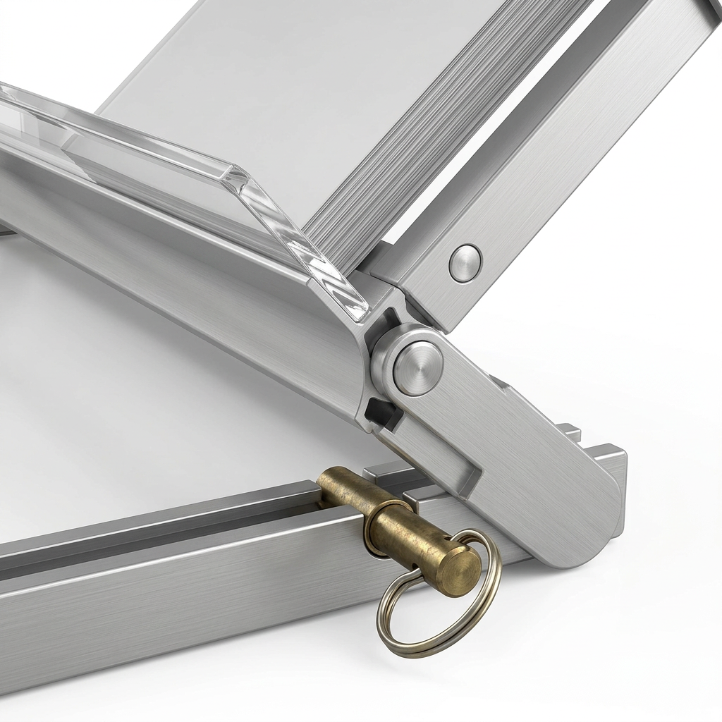 Detail close-up of brochure stand showing aluminum scissor folding joint and locking pin on white background