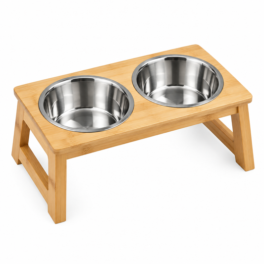 Assembled elevated bamboo double pet bowl stand with stainless steel bowls on white background