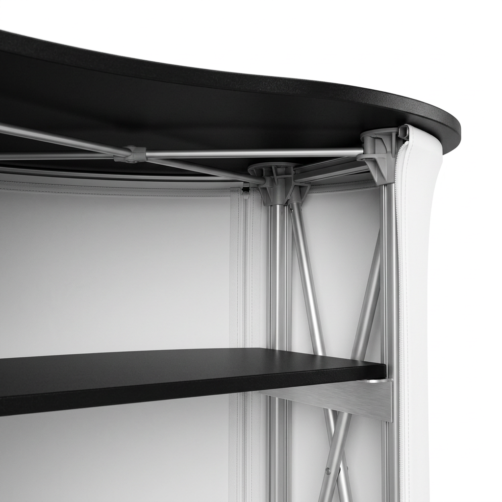 Detail close-up of exhibition counter showing internal frame assembly and wooden countertop underside on white background