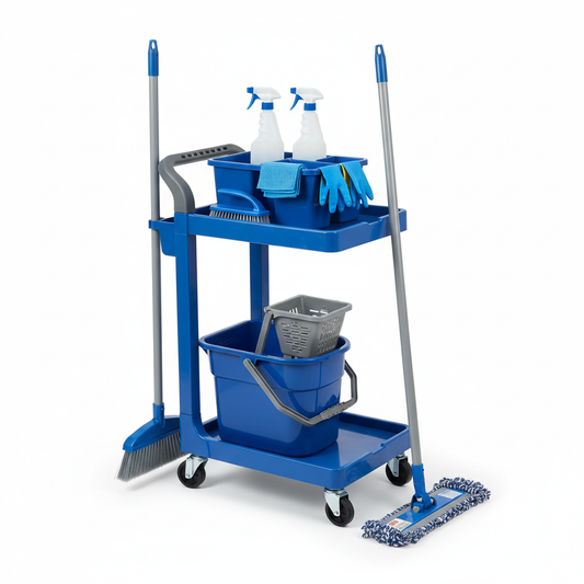 Complete blue and gray hotel housekeeping cleaning set with utility cart, mop, bucket, broom, dustpan, brushes, spray bottles, caddy, cloths and gloves on white background