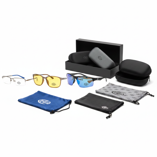 Custom branded functional eyewear packaging suite with cases and cloths on white background