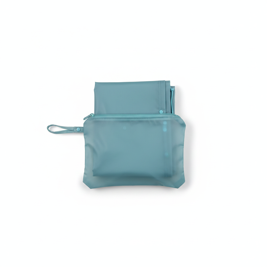 Smoky aqua-blue reusable rain poncho folded into a compact rectangle and placed partly inside a matching zippered travel pouch with wrist loop.