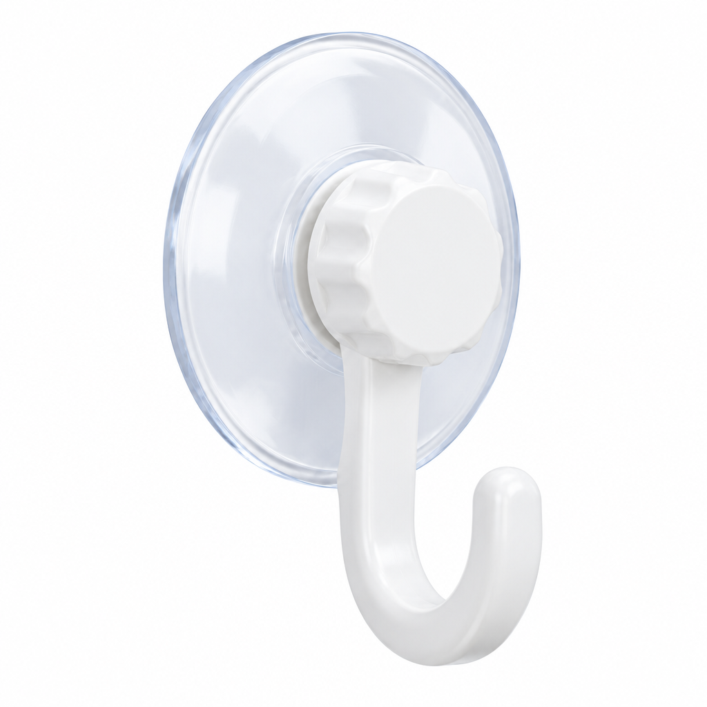 Side close-up of the suction cup hook showing the flexible suction cup and twist-lock mechanism