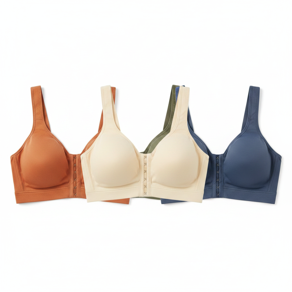 Multi-color flat lay of front closure bra in four rich solid colors side-by-side