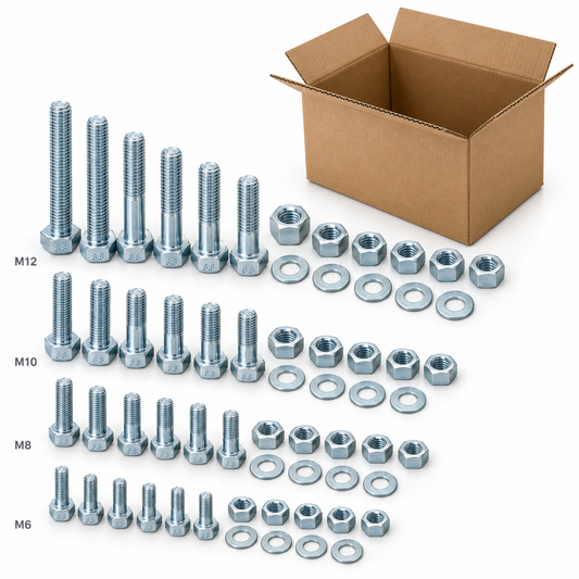 Bright zinc-plated Grade 8.8 metric hex head bolts with matching hexagonal nuts and flat washers arranged by size with export carton on a pure white background