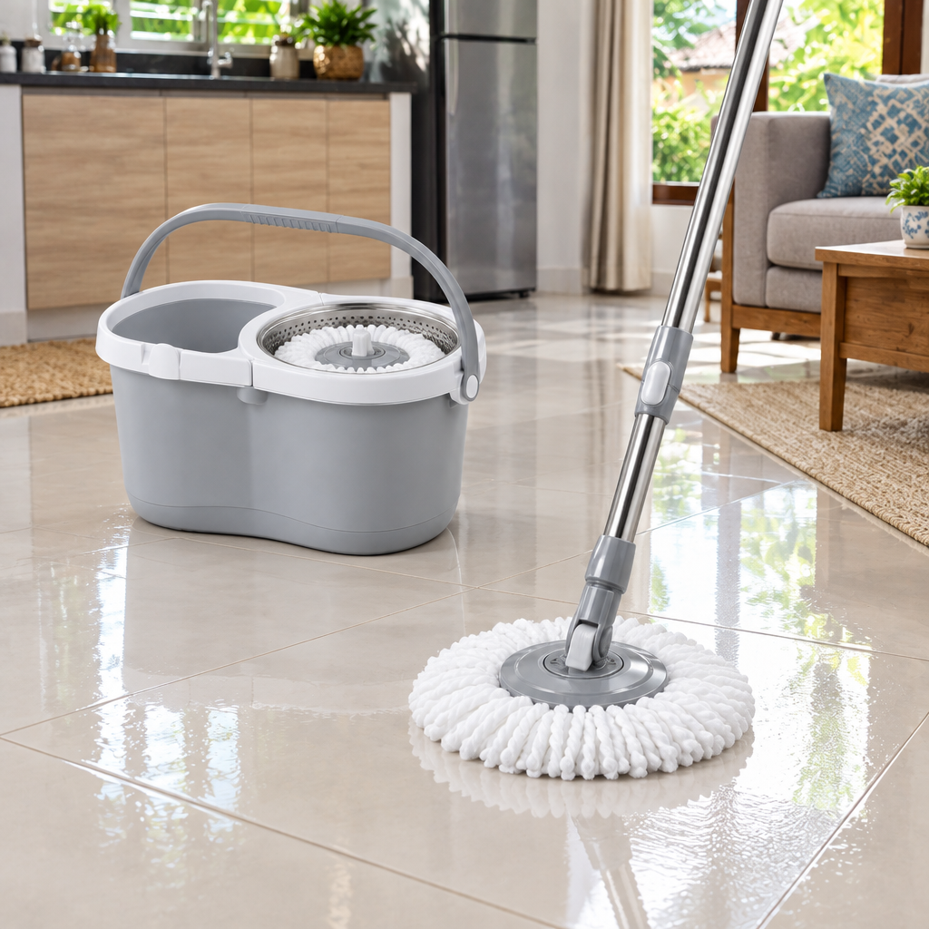 Spin mop cleaning tiled floor with moist wiping trail and matching bucket nearby in a Thai home