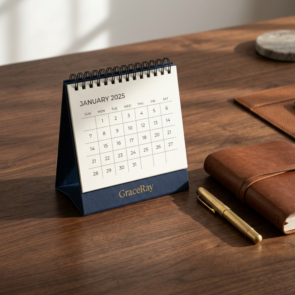 Custom navy desk calendar stand with gold foil logo on an office desk beside a journal