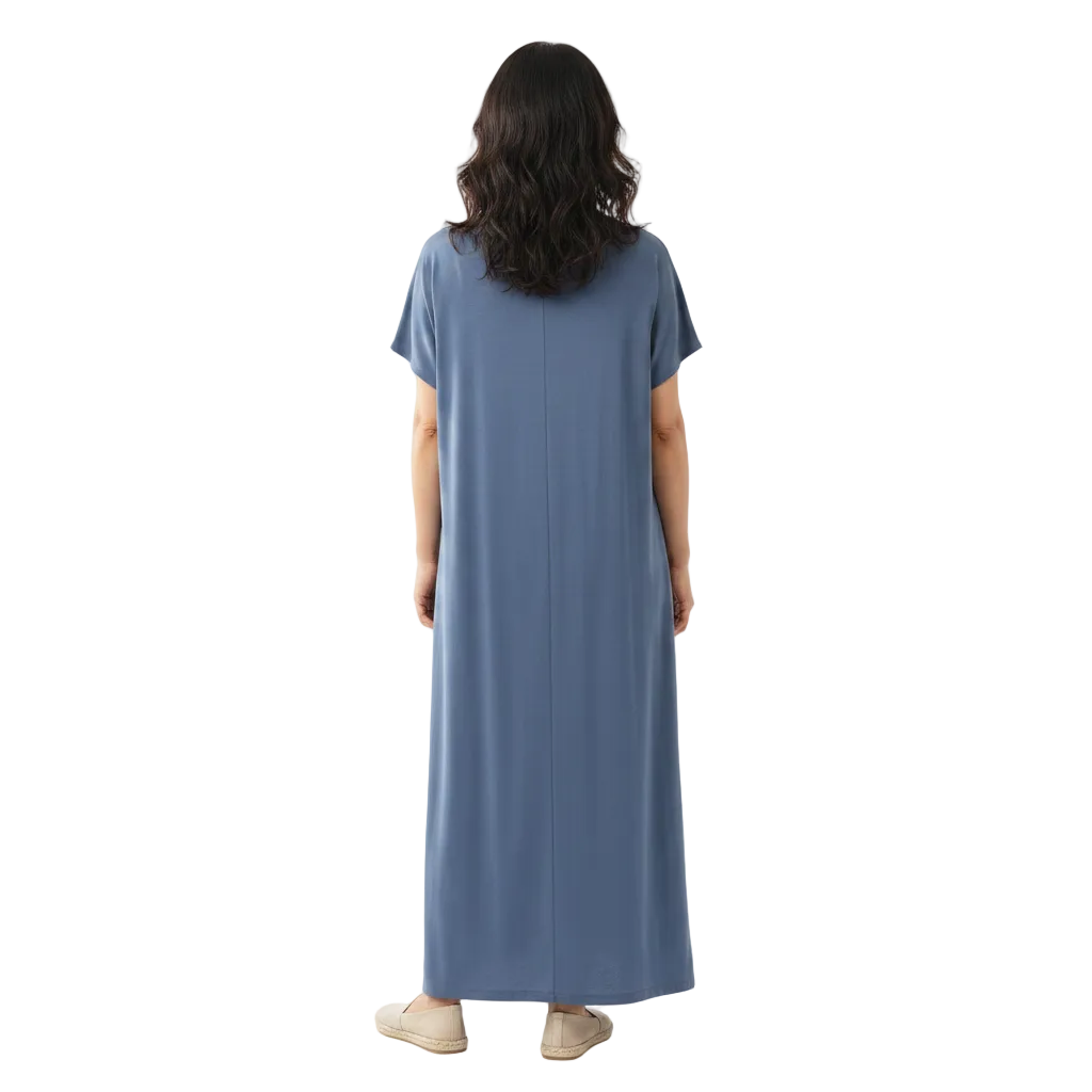 Back view of solid color V-neck relaxed maxi dress on white background