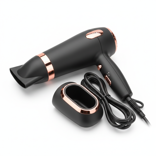 Hotel hair dryer with wall holder and coiled cord in black on white background