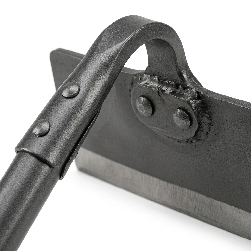 Macro close-up detail of garden hoe curved forged steel gooseneck shank, heavy rivet fittings, and beveled blade cutting edge