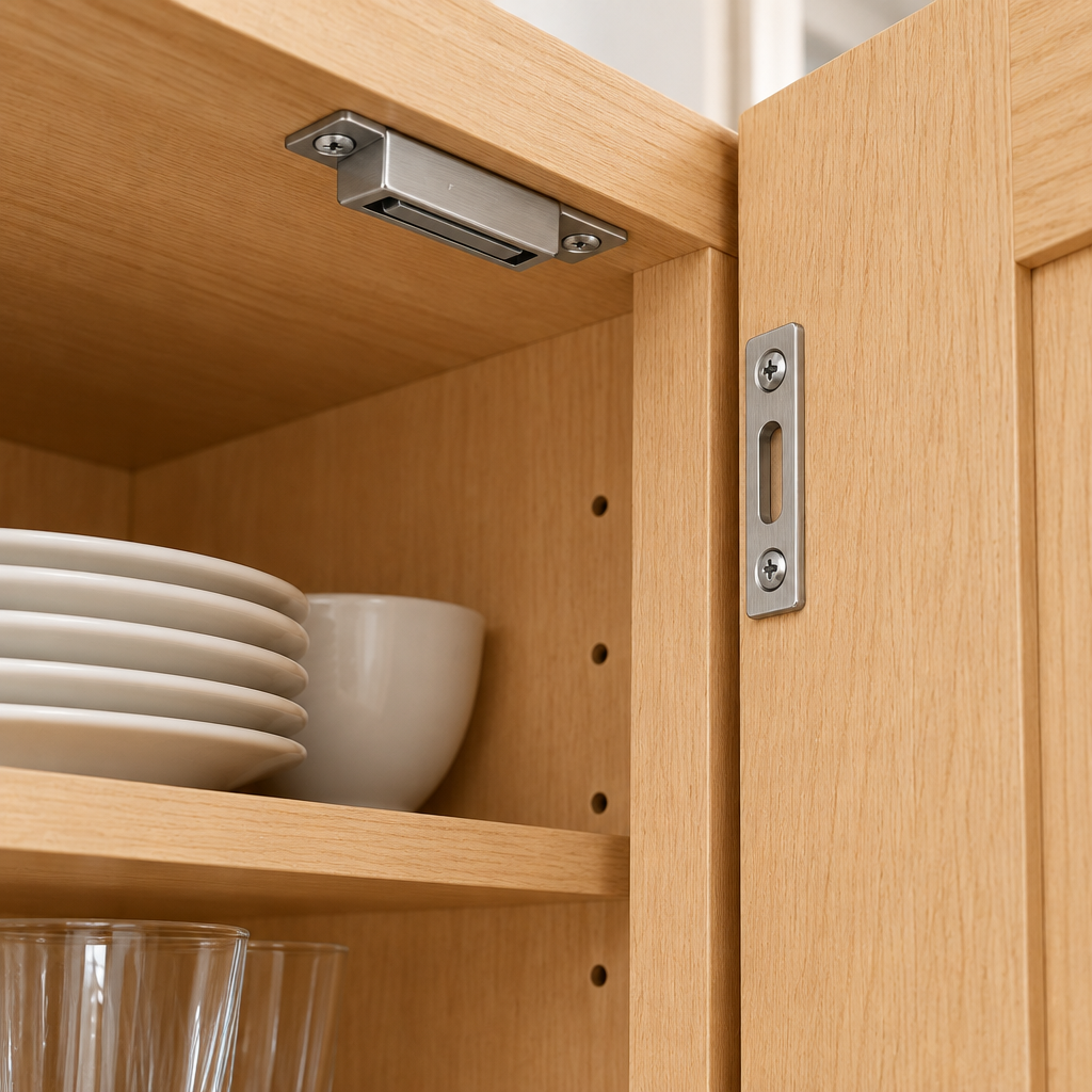 Slim stainless steel magnetic door catch installed inside a kitchen cabinet holding the wooden door closed